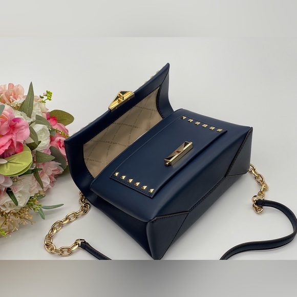 Michael Kors Navy Faux Leather Studs Satchel Shoulder Bag - Picture 6 of 16